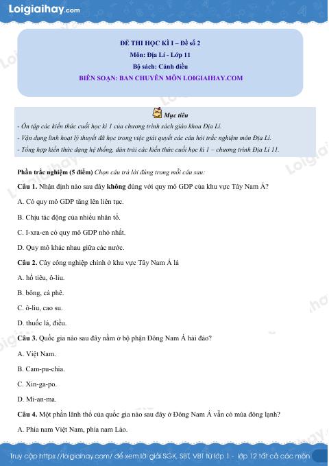 Đề thi học kì 1 Địa lí 11 CD - Đề số 2